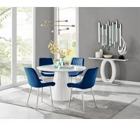 Furniturebox Uk Palma White High Gloss Round Dining Table & 4 Navy Pesaro Silver Leg Chairs