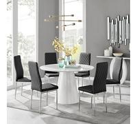 Furniturebox Uk Palma White High Gloss Round Dining Table & 6 Black Milan Chrome Leg Chairs