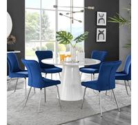Palma White High Gloss Round Dining Table and 6 Nora Silver Leg Chairs - Blue