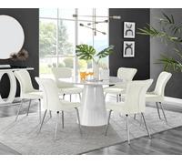 Furniturebox Uk Palma White High Gloss Round Dining Table & 6 Cream Nora Silver Leg Chairs