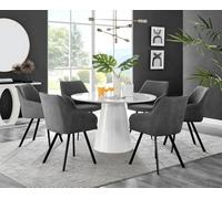Furniturebox Uk Palma White High Gloss Round Dining Table & 6 Dark Grey Falun Black Leg Chairs