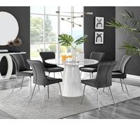 Furniturebox Uk Palma White High Gloss Round Dining Table & 6 Dark Grey Nora Silver Leg Chairs