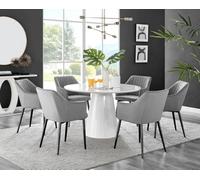 Furniturebox Uk Palma White High Gloss Round Dining Table & 6 Grey Calla Black Leg Chairs