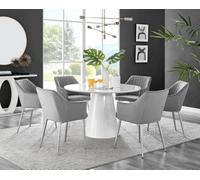Furniturebox Uk Palma White High Gloss Round Dining Table & 6 Grey Calla Silver Leg Chairs
