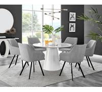 Furniturebox Uk Palma White High Gloss Round Dining Table & 6 Light Grey Falun Black Leg Chairs
