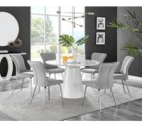 Furniturebox Uk Palma White High Gloss Round Dining Table & 6 Light Grey Nora Silver Leg Chairs