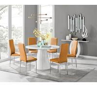 Furniturebox Uk Palma White High Gloss Round Dining Table & 6 Mustard Milan Chrome Leg Chairs