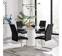 Furniturebox Uk Palma White Marble Effect Round Dining Table & 4 Black Lorenzo Chairs