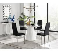 Furniturebox Uk Palma White Marble Effect Round Dining Table & 4 Black Milan Chrome Leg Chairs