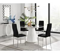 Furniturebox Uk Palma White Marble Effect Round Dining Table & 4 Black Velvet Milan Chairs