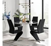Furniturebox Uk Palma White Marble Effect Round Dining Table & 4 Black Willow Chairs