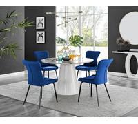 Furniturebox Uk Palma White Marble Effect Round Dining Table & 4 Blue Nora Black Leg Chairs