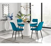 Furniturebox Uk Palma White Marble Effect Round Dining Table & 4 Blue Pesaro Black Leg Chairs