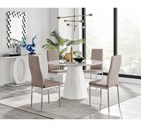 Furniturebox Uk Palma White Marble Effect Round Dining Table & 4 Cappuccino Milan Chrome Leg Chairs