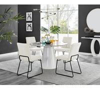 Furniturebox Uk Palma White Marble Effect Round Dining Table & 4 Cream Halle Black Leg Chairs