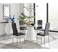 Furniturebox Uk Palma White Marble Effect Round Dining Table & 4 Grey Velvet Milan Chairs