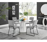 Furniturebox Uk Palma White Marble Effect Round Dining Table & 4 Light Grey Halle Black Leg Chairs