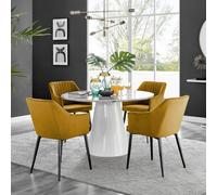 Furniturebox Uk Palma White Marble Effect Round Dining Table & 4 Mustard Calla Black Leg Chairs
