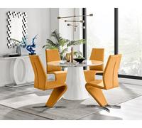 Furniturebox Uk Palma White Marble Effect Round Dining Table & 4 Mustard Willow Chairs