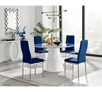 Furniturebox Uk Palma White Marble Effect Round Dining Table & 4 Navy Velvet Milan Chairs