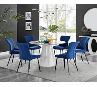 Furniturebox Uk Palma White Marble Effect Round Dining Table & 6 Blue Nora Black Leg Chairs