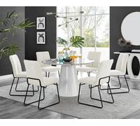 Furniturebox Uk Palma White Marble Effect Round Dining Table & 6 Cream Halle Black Leg Chairs