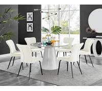 Furniturebox Uk Palma White Marble Effect Round Dining Table & 6 Cream Nora Black Leg Chairs
