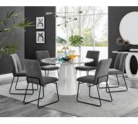 Furniturebox Uk Palma White Marble Effect Round Dining Table & 6 Dark Grey Halle Black Leg Chairs