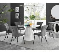 Furniturebox Uk Palma White Marble Effect Round Dining Table & 6 Dark Grey Nora Black Leg Chairs