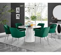 Furniturebox Uk Palma White Marble Effect Round Dining Table & 6 Green Calla Silver Leg Chairs