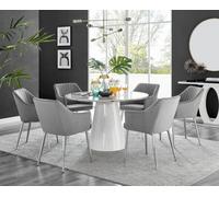 Furniturebox Uk Palma White Marble Effect Round Dining Table & 6 Grey Calla Silver Leg Chairs