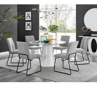 Furniturebox Uk Palma White Marble Effect Round Dining Table & 6 Light Grey Halle Black Leg Chairs