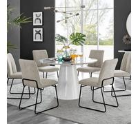 Furniturebox Uk Palma White Marble Effect Round Dining Table & 6 Taupe Halle Black Leg Chairs