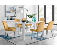 Furniturebox Uk Pivero 6 White Dining Table And 6 Mustard Pesaro Silver Leg Chairs