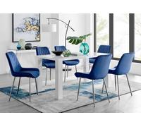 Furniturebox Uk Pivero 6 White Dining Table And 6 Navy Pesaro Silver Leg Chairs