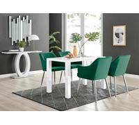 Furniturebox Uk Pivero White High Gloss Dining Table & 4 Green Calla Silver Leg Velvet Chairs