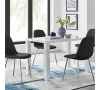 Furniturebox Uk Pivero White High Gloss Dining Table And 4 Black Corona Silver Chairs Set