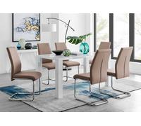 Furniturebox Uk Pivero White High Gloss Dining Table And 6 Cappuccino Beige Lorenzo Dining Chairs