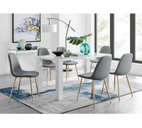 Furniturebox Uk Pivero White High Gloss Dining Table And 6 Elephant Grey Corona Gold Chairs Set
