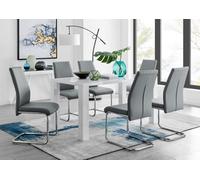 Furniturebox Uk Pivero White High Gloss Dining Table And 6 Elephant Grey Lorenzo Dining Chairs