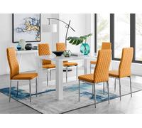 Furniturebox Uk Pivero White High Gloss Dining Table And 6 Mustard Milan Chairs Set