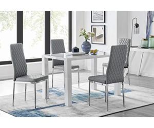 Furniturebox UK Pivero White High Gloss Modern Stylish Dining Table and 4 Milan Chairs Set (Dining Table + 4 Elephant Grey Milan Chairs)