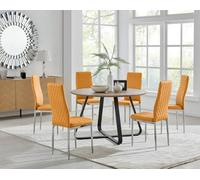 Furniturebox Uk Santorini Brown Wood Effect Round Dining Table & 6 Mustard Milan Chrome Leg Chairs