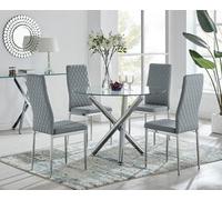 FurnitureboxUK Selina Chrome Round Glass Dining Table & 4 Milan Dining Chairs in Grey | Size: 4 Person FurnitureboxUK Grey 4 Person