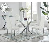 FurnitureboxUK Selina Chrome Round Glass Dining Table & 4 Milan Dining Chairs in Off-White | Size: 4 Person FurnitureboxUK Off-White 4 Person