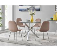 Furniturebox Uk Selina Chrome Round Square Leg Glass Dining Table And 4 Cappuccino Beige Corona Silver Chairs Set