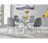 Furniturebox Uk Selina Chrome Round Square Leg Glass Dining Table And 4 Elephant Grey Corona Silver Chairs Set