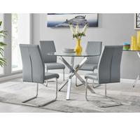 Furniturebox Uk Selina Chrome Round Square Leg Glass Dining Table And 4 Elephant Grey Lorenzo Chairs Set