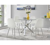 Furniturebox Uk Selina Chrome Round Square Leg Glass Dining Table And 4 White Corona Silver Chairs Set