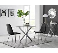 FurnitureboxUK Selina Round Glass Chrome Leg Dining Table & Corona Silver Leg Chairs in Black | Size: 2 Person FurnitureboxUK Black 2 Person